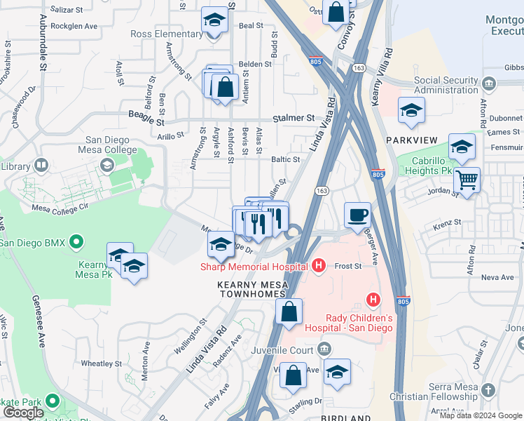 map of restaurants, bars, coffee shops, grocery stores, and more near 7603 Cullen Street in San Diego