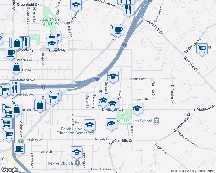 map of restaurants, bars, coffee shops, grocery stores, and more near 672 Jade Avenue in El Cajon
