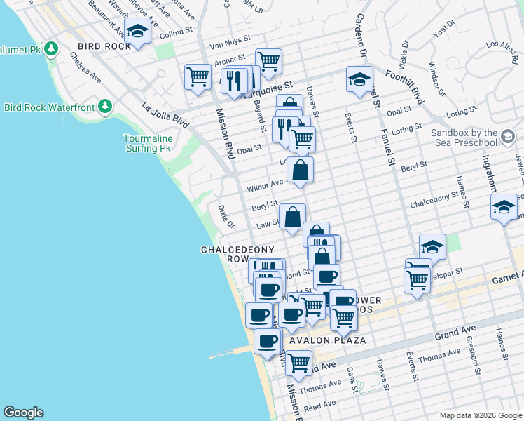 map of restaurants, bars, coffee shops, grocery stores, and more near 844 Beryl Street in San Diego