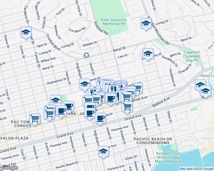 map of restaurants, bars, coffee shops, grocery stores, and more near 1760 Diamond Street in San Diego