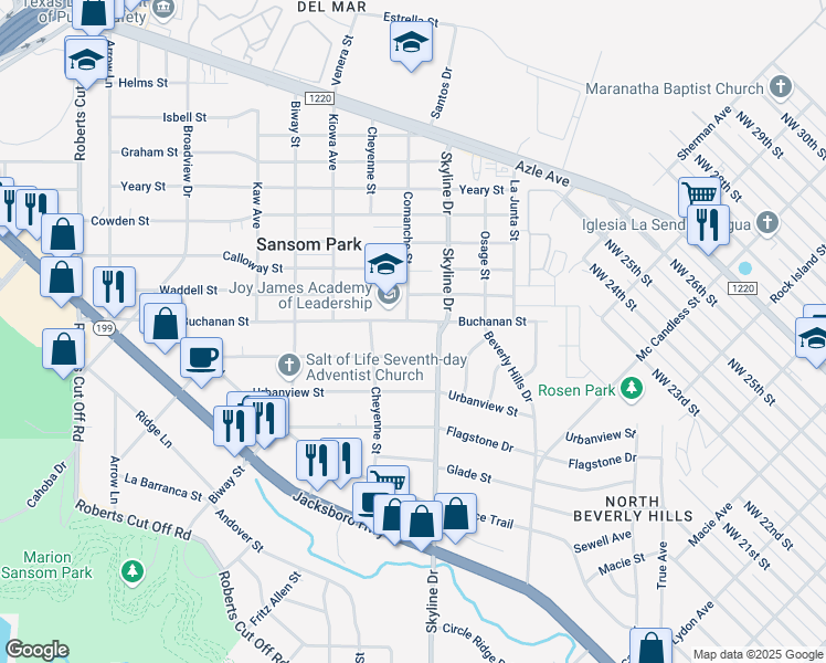 map of restaurants, bars, coffee shops, grocery stores, and more near 5225 Buchanan Street in Fort Worth