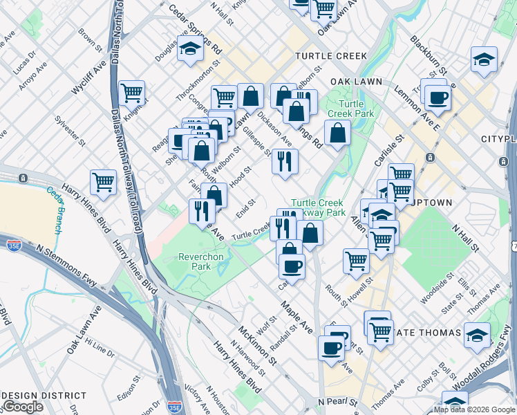 map of restaurants, bars, coffee shops, grocery stores, and more near 2727 Turtle Creek Boulevard in Dallas