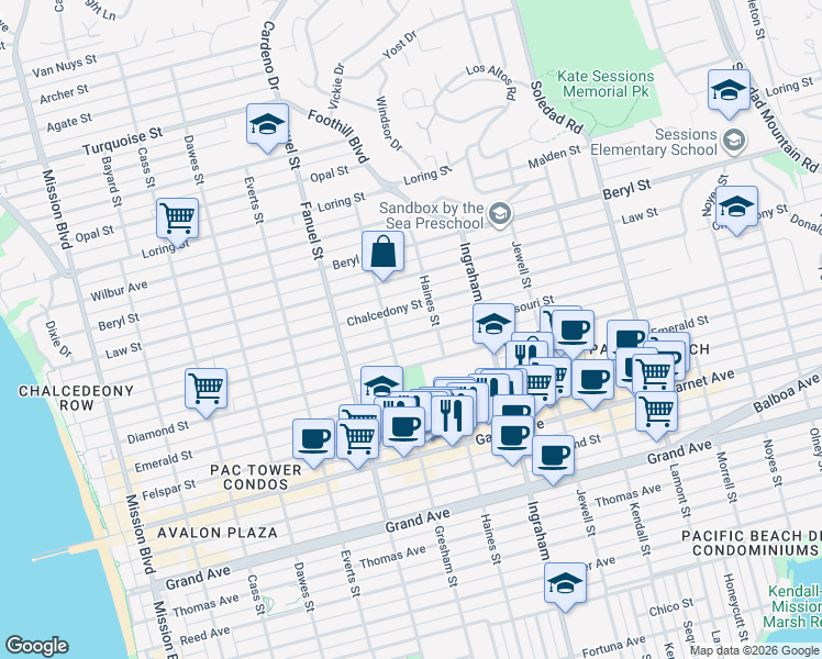 map of restaurants, bars, coffee shops, grocery stores, and more near 1436 Missouri Street in San Diego
