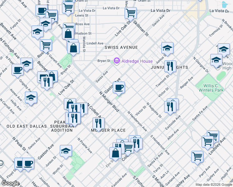map of restaurants, bars, coffee shops, grocery stores, and more near 5317 Junius Street in Dallas