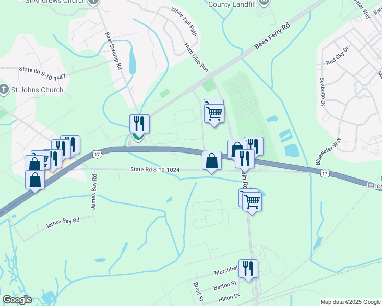 map of restaurants, bars, coffee shops, grocery stores, and more near 3677 Ocean Highway in Johns Island