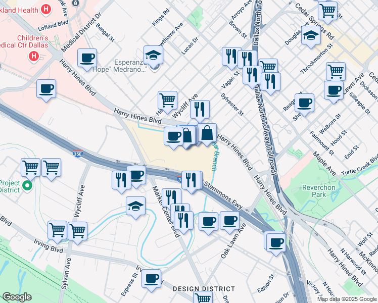 map of restaurants, bars, coffee shops, grocery stores, and more near 2050 North Stemmons Freeway in Dallas