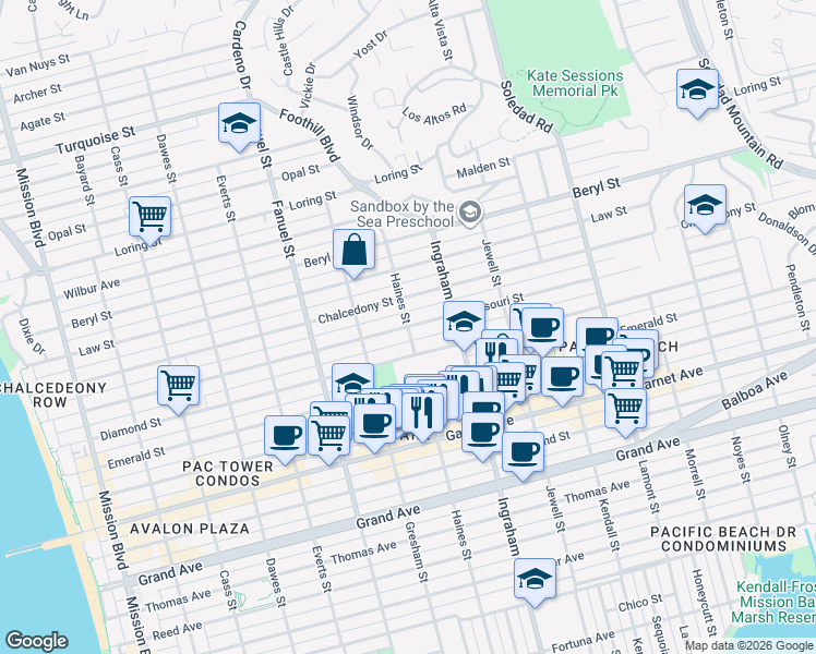 map of restaurants, bars, coffee shops, grocery stores, and more near Missouri Street in San Diego