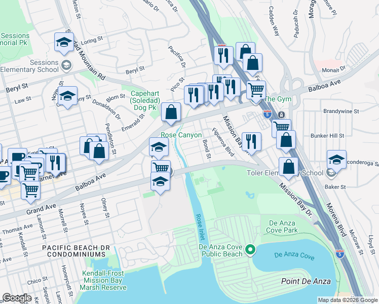 map of restaurants, bars, coffee shops, grocery stores, and more near in San Diego