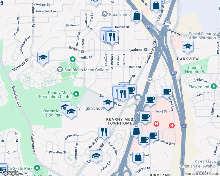 map of restaurants, bars, coffee shops, grocery stores, and more near 3282 Ashford Street in San Diego