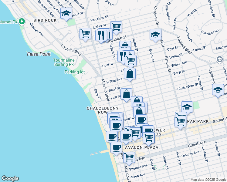 map of restaurants, bars, coffee shops, grocery stores, and more near 845 Beryl Street in San Diego