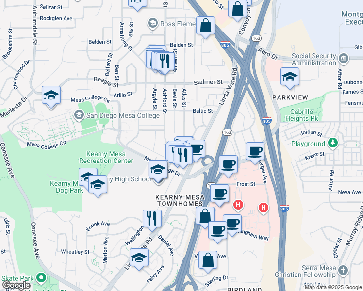 map of restaurants, bars, coffee shops, grocery stores, and more near 3230 Atlas Street in San Diego