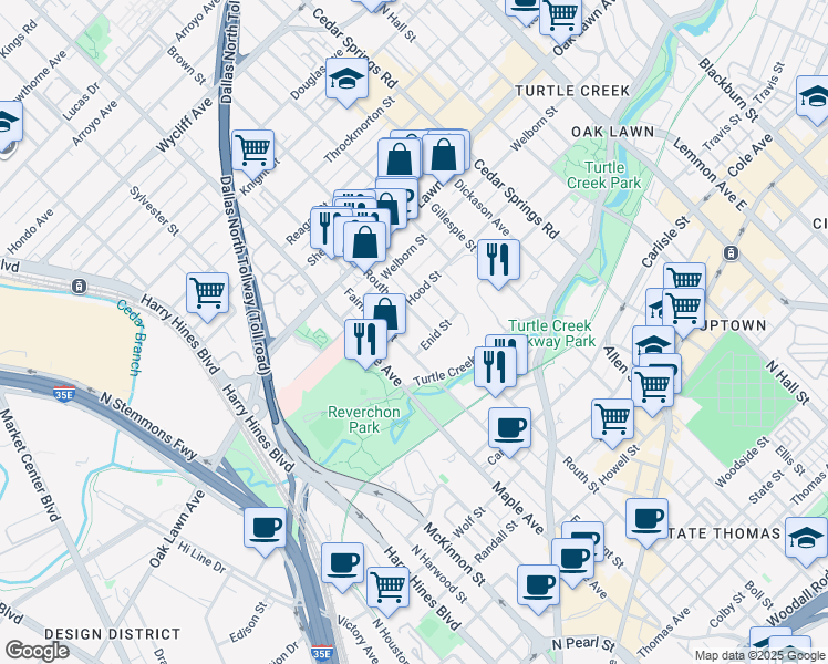 map of restaurants, bars, coffee shops, grocery stores, and more near 3500 Fairmount Street in Dallas