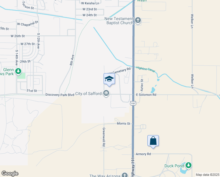 map of restaurants, bars, coffee shops, grocery stores, and more near 300 Discovery Park Boulevard in Safford