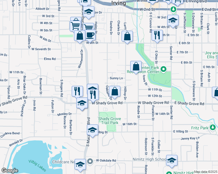 map of restaurants, bars, coffee shops, grocery stores, and more near 1020 Oakland Drive in Irving