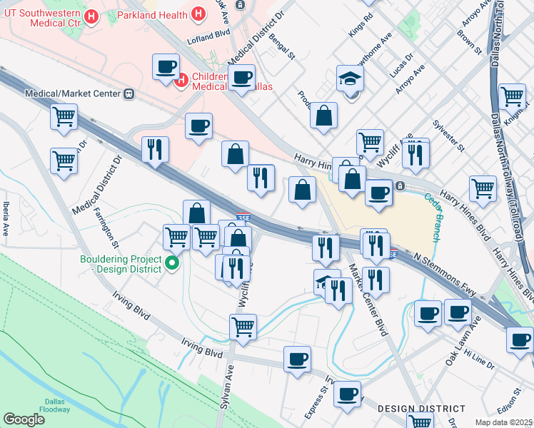 map of restaurants, bars, coffee shops, grocery stores, and more near 2222 North Stemmons Freeway in Dallas