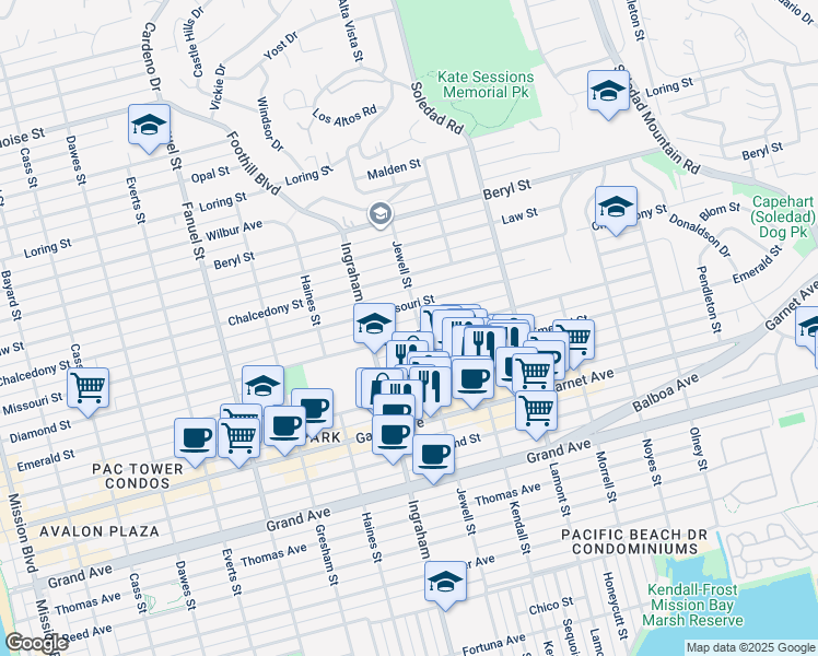 map of restaurants, bars, coffee shops, grocery stores, and more near 4710 Jewell Street in San Diego