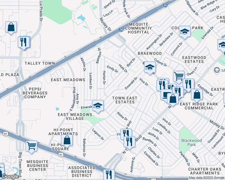 map of restaurants, bars, coffee shops, grocery stores, and more near 3815 Emerald Drive in Mesquite