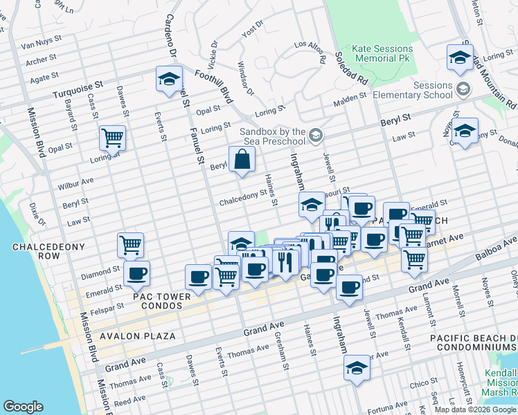 map of restaurants, bars, coffee shops, grocery stores, and more near 1436 Missouri Street in San Diego