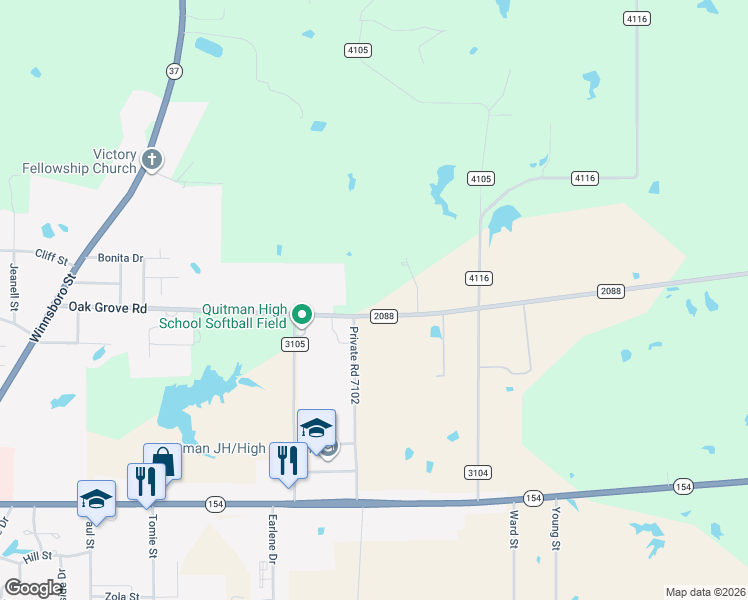 map of restaurants, bars, coffee shops, grocery stores, and more near 1705 Oak Grove Road in Quitman