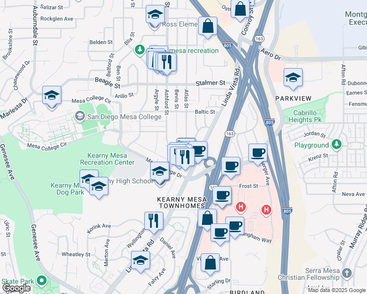 map of restaurants, bars, coffee shops, grocery stores, and more near 3230 Atlas Street in San Diego