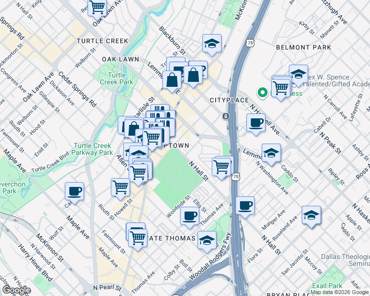 map of restaurants, bars, coffee shops, grocery stores, and more near in Dallas