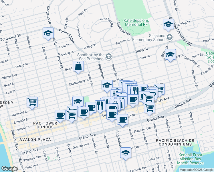 map of restaurants, bars, coffee shops, grocery stores, and more near 4733 Ingraham Street in San Diego