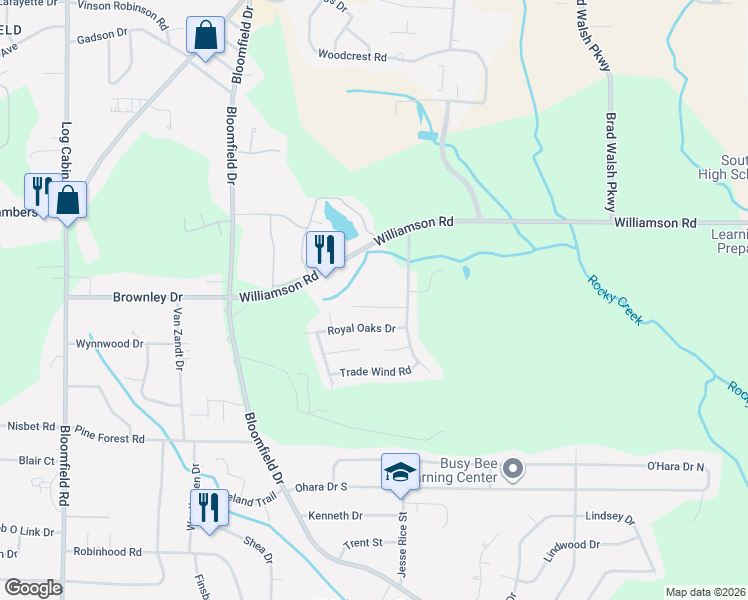 map of restaurants, bars, coffee shops, grocery stores, and more near 621 Oakland Hills Drive in Macon