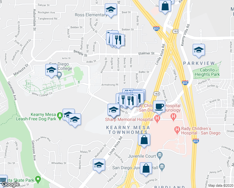 map of restaurants, bars, coffee shops, grocery stores, and more near 3270 Ashford Street in San Diego