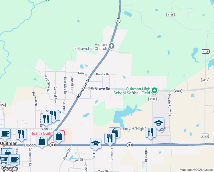 map of restaurants, bars, coffee shops, grocery stores, and more near 1203 Oak Grove Road in Quitman
