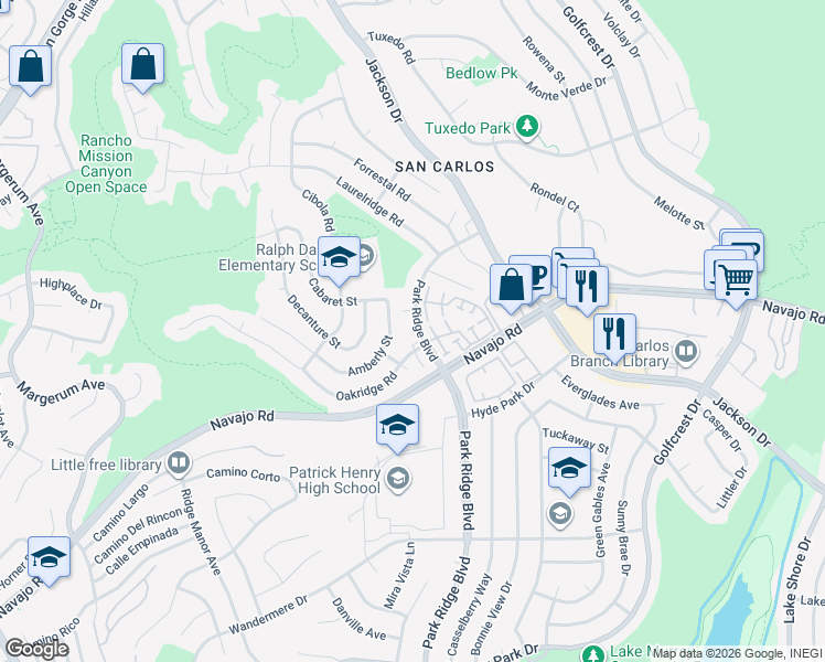 map of restaurants, bars, coffee shops, grocery stores, and more near 7428 Park Ridge Boulevard in San Diego