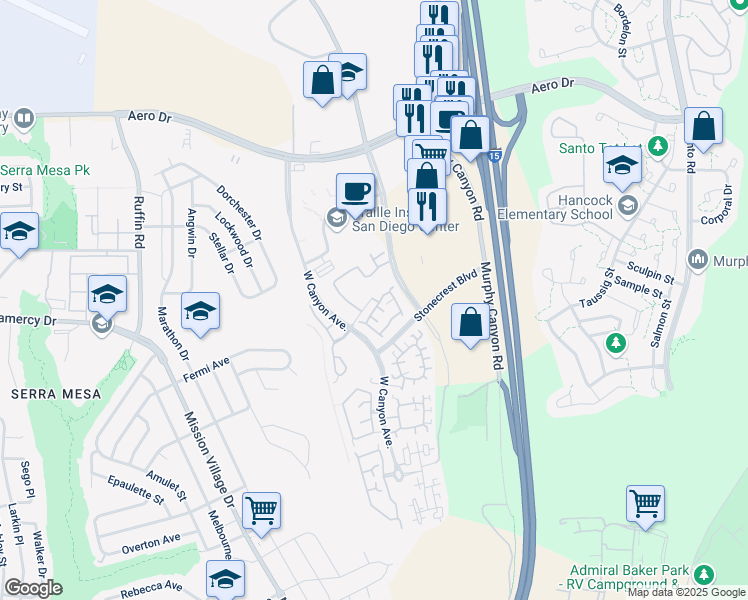 map of restaurants, bars, coffee shops, grocery stores, and more near 9709 West Canyon Terrace in San Diego