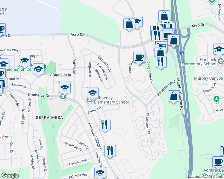 map of restaurants, bars, coffee shops, grocery stores, and more near 9395 Rugby Court in San Diego