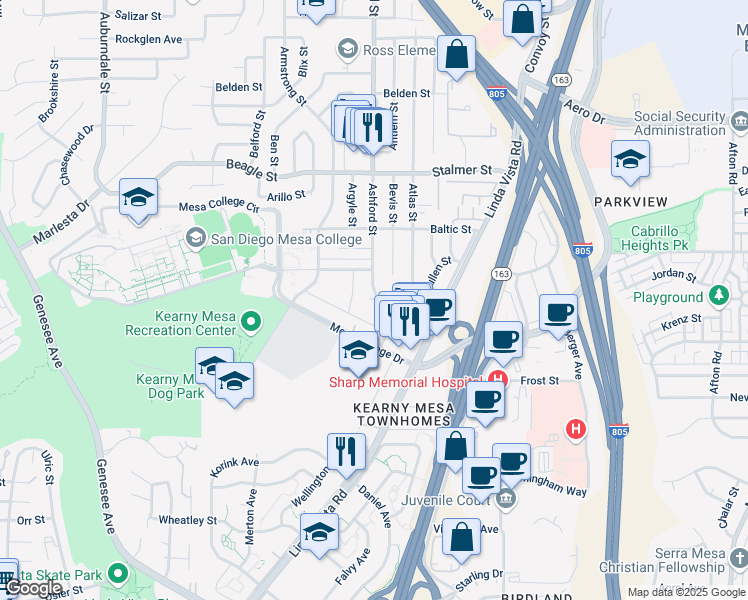 map of restaurants, bars, coffee shops, grocery stores, and more near 3282 Ashford Street in San Diego