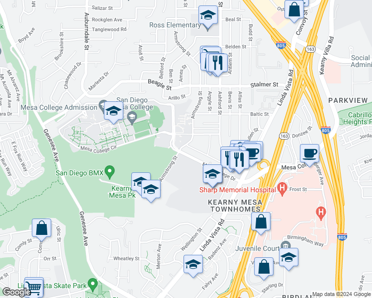 map of restaurants, bars, coffee shops, grocery stores, and more near 7250 Armstrong Street in San Diego