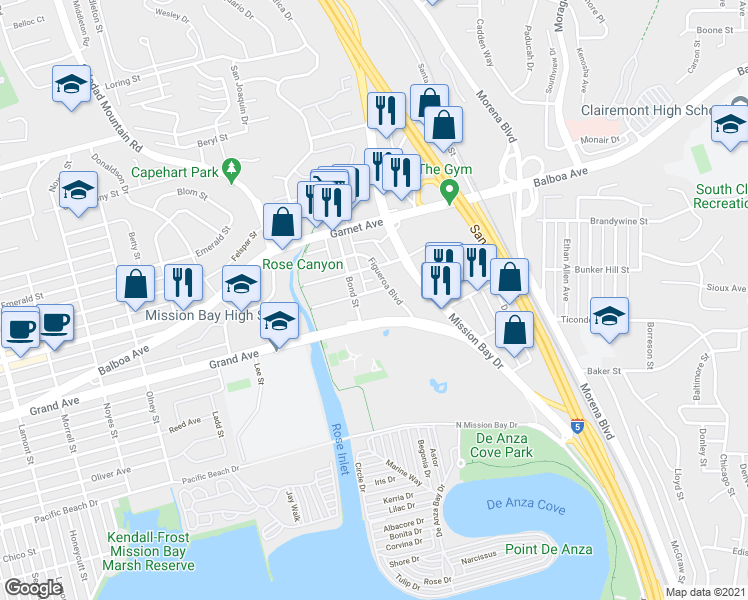 map of restaurants, bars, coffee shops, grocery stores, and more near in San Diego