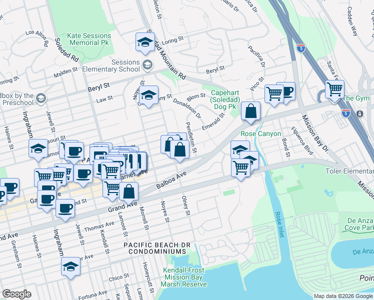 map of restaurants, bars, coffee shops, grocery stores, and more near 2228 Felspar Street in San Diego