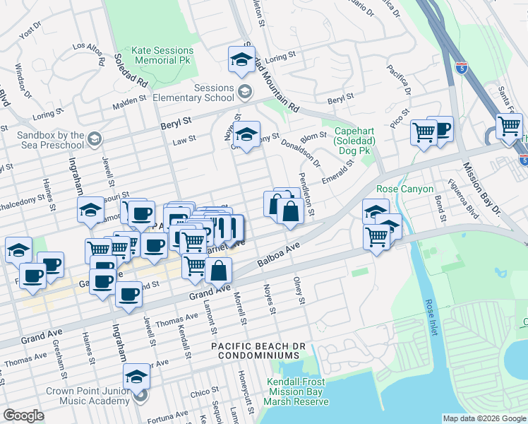 map of restaurants, bars, coffee shops, grocery stores, and more near 2151 Emerald Street in San Diego