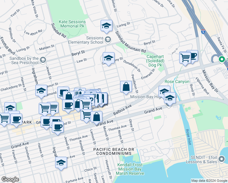 map of restaurants, bars, coffee shops, grocery stores, and more near 2151 Emerald Street in San Diego