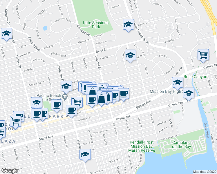 map of restaurants, bars, coffee shops, grocery stores, and more near 1921 Diamond Street in San Diego