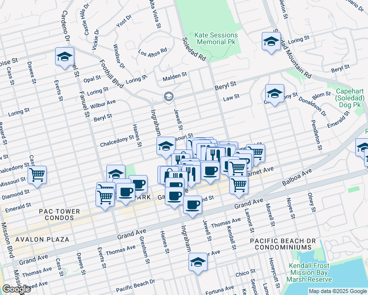 map of restaurants, bars, coffee shops, grocery stores, and more near 4730 Jewell Street in San Diego