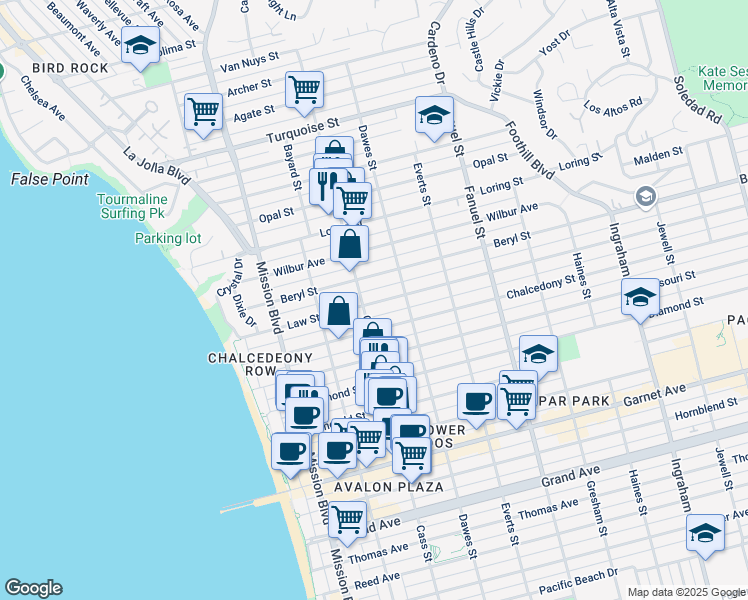 map of restaurants, bars, coffee shops, grocery stores, and more near in San Diego