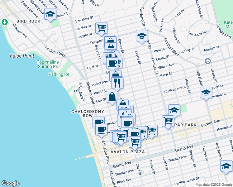 map of restaurants, bars, coffee shops, grocery stores, and more near in San Diego