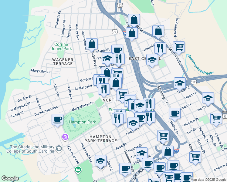map of restaurants, bars, coffee shops, grocery stores, and more near in Charleston