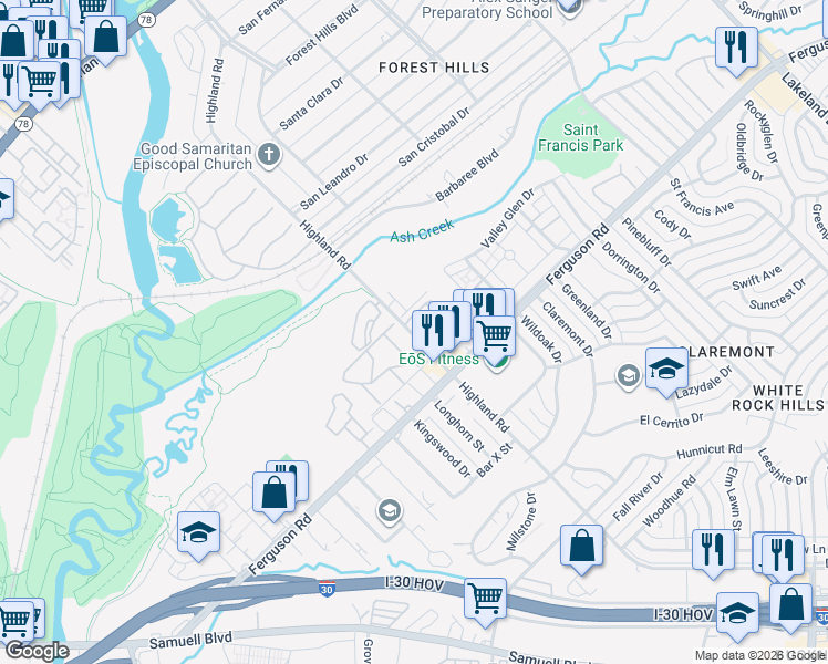 map of restaurants, bars, coffee shops, grocery stores, and more near 2121 Highland Road in Dallas