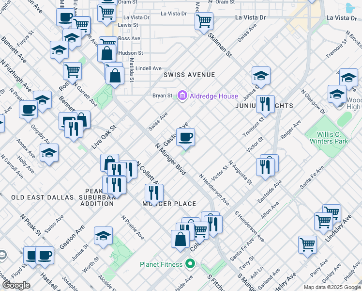 map of restaurants, bars, coffee shops, grocery stores, and more near 710 Dumas Street in Dallas