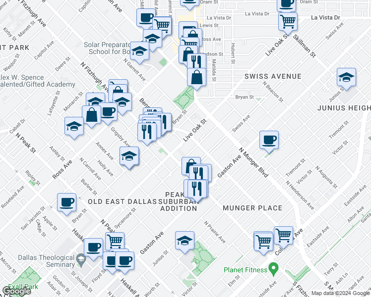 map of restaurants, bars, coffee shops, grocery stores, and more near 4936 Live Oak Street in Dallas