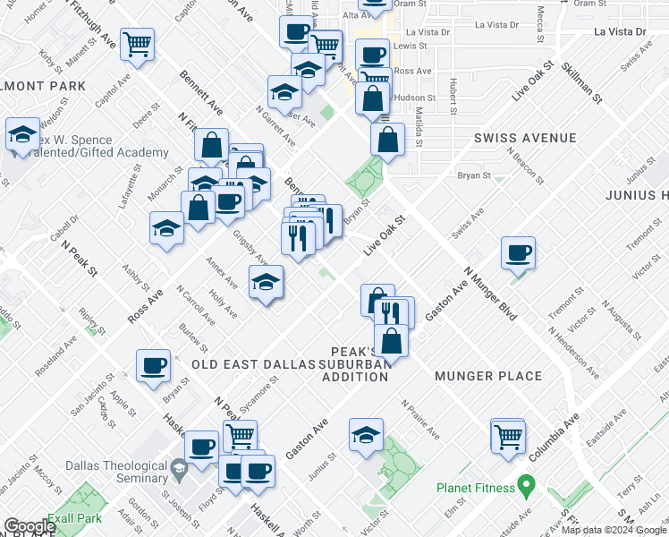 map of restaurants, bars, coffee shops, grocery stores, and more near in Dallas