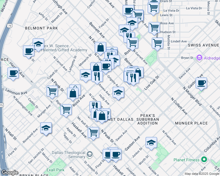 map of restaurants, bars, coffee shops, grocery stores, and more near 4622 San Jacinto Street in Dallas