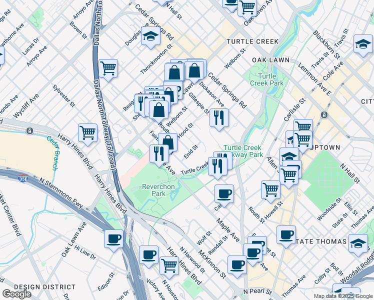 map of restaurants, bars, coffee shops, grocery stores, and more near 3508 Routh Street in Dallas