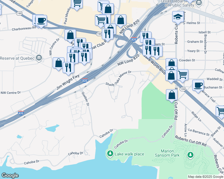 map of restaurants, bars, coffee shops, grocery stores, and more near 2936 Observation Drive in Fort Worth